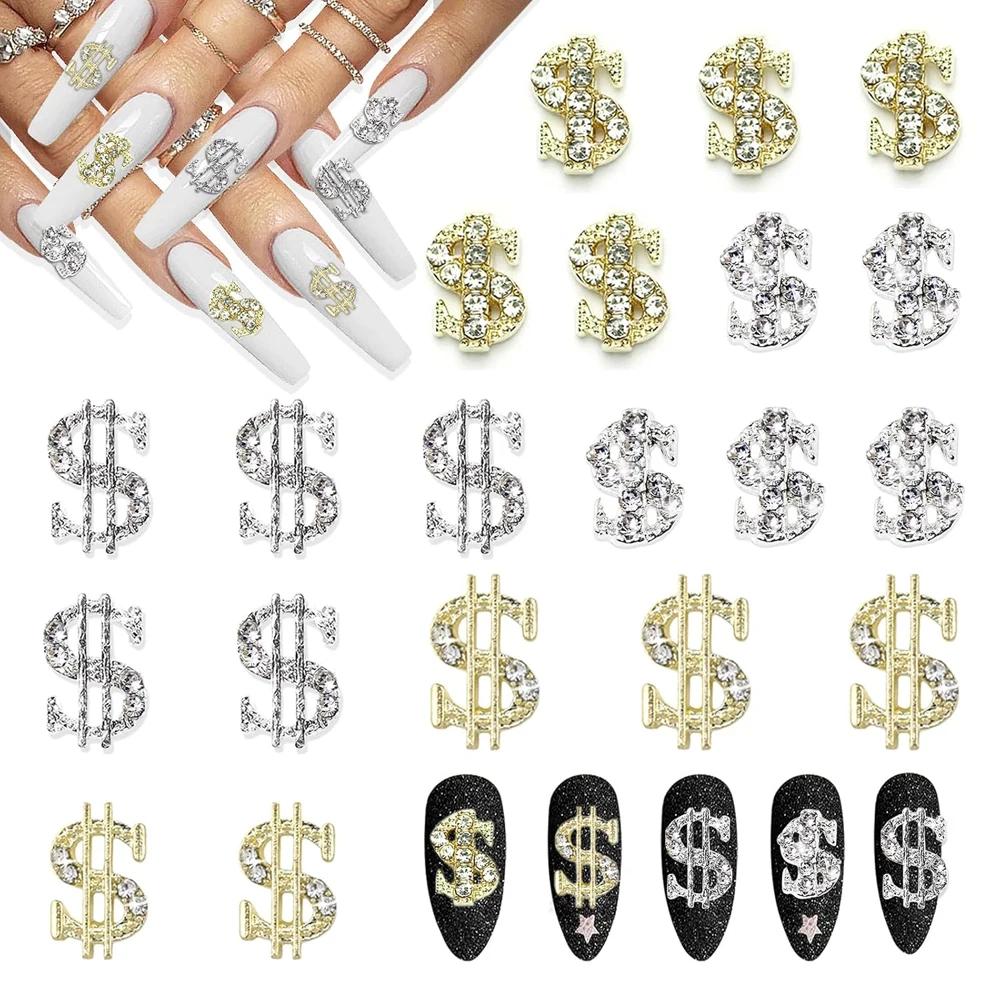 10Pcs Luksusowy znak dolara Nail Art Charm 3D Glitter Diamond Dollar Symbol Alloy Nail Decoration DIY Wykwintne akcesoria do paznokci