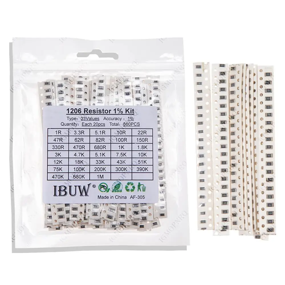 1206 SMD Resistor Kit Assorted Kit hjxrhgal 1ohm-1M ohm 1% 33valuesX 20PCS=660PCS Sample Kit
