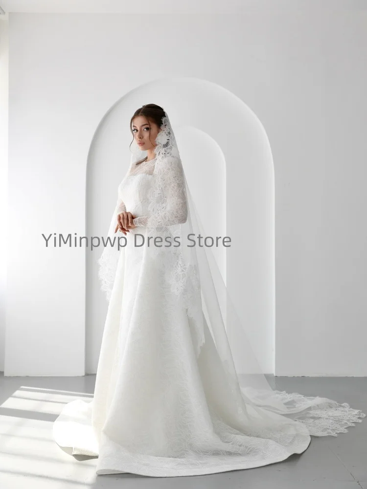 Lace Weddings Dresses O-Neck Long Sleeve Elegant Brides Dress White A-Line Long Arabic Bridal Gown Customized vestidos de novia