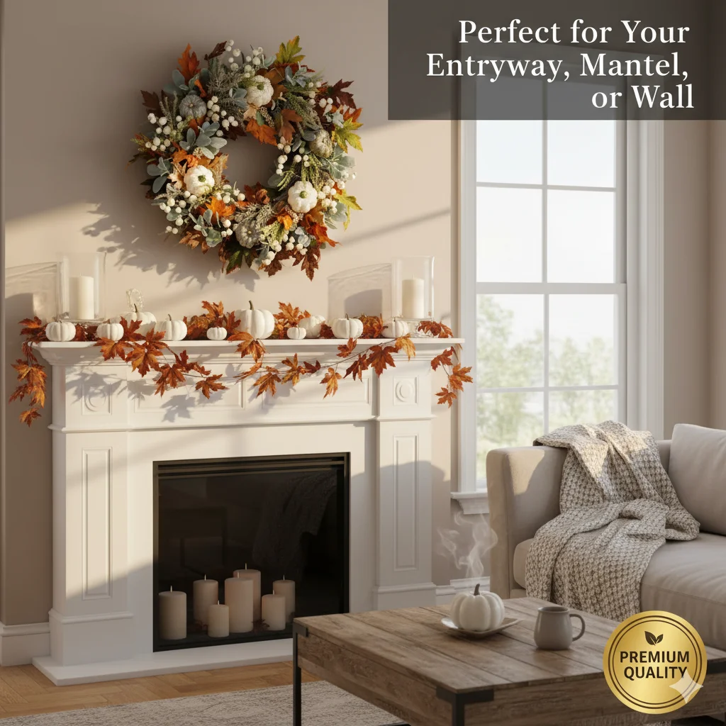 

Fall Harvest Door Wreath With Pumpkins, Maple Leaves, And Berries, Autumn Decor For Halloween Porch Entryway Home Seasonal Decor
