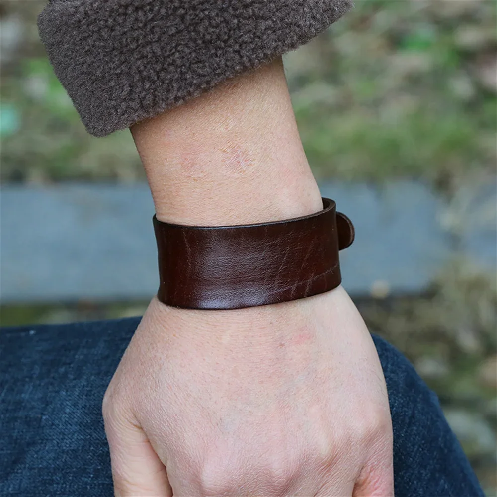 fuyo Vintage Single Layer Cowhide Leather Wide Wristband Adjustable Cuff Bangles for Men Women Friendship Bracelets