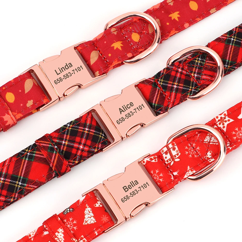 Custom Christmas Dog Collar Bow Knot Plaid Dog Pet Collars Personazlied Flower Cat Puppy ID Collars for Small Medium Large Dog