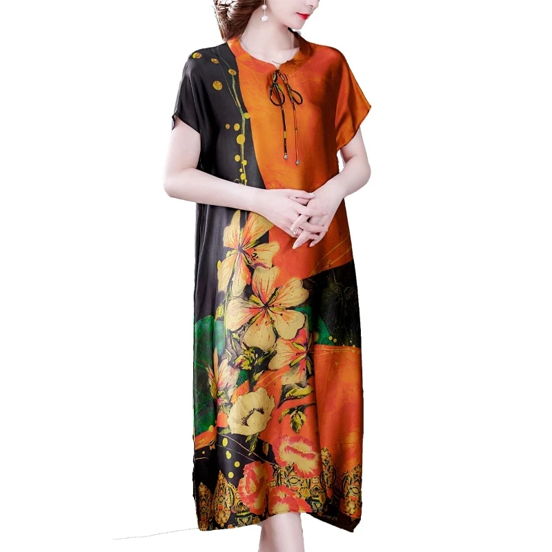 

4XL Plus Size 2022 Summer Women Floral Loose Mulberry Silk Dress Vintage Casual Chiffon Midi Dresses Mom Elegant Vestidos Female