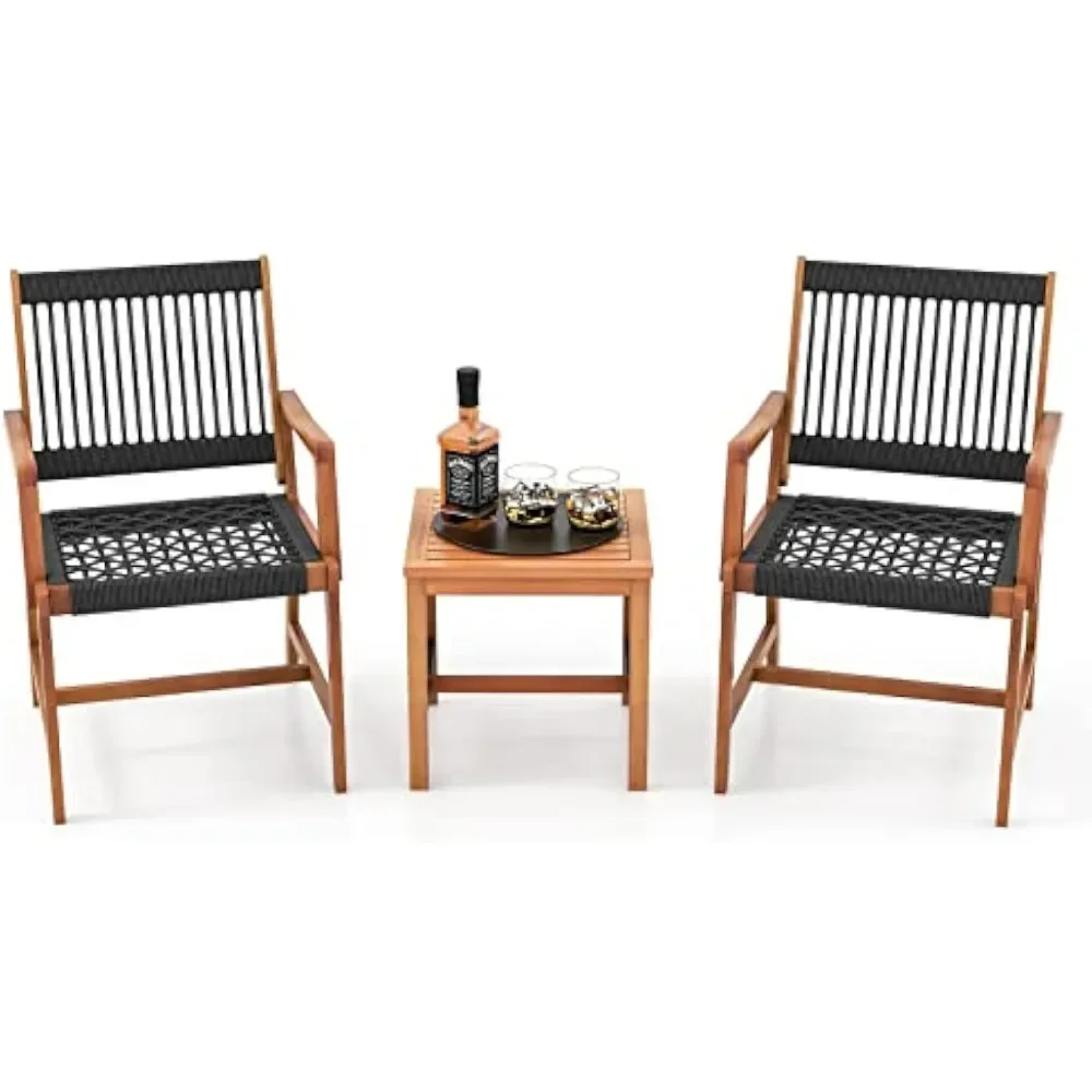 3 Stuks Patio Conversatie Set Acacia Houten Bistro Set, Touw Geweven Stoel & Tafelset Met Ergonomische Rugleuning En Armleuningen