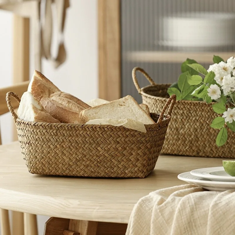 Nordic Hand Woven Seaweed Fruit Snack Food Basket Rattan Bamboo Seagrass Storage Basket Home Wicker Organization and Storage