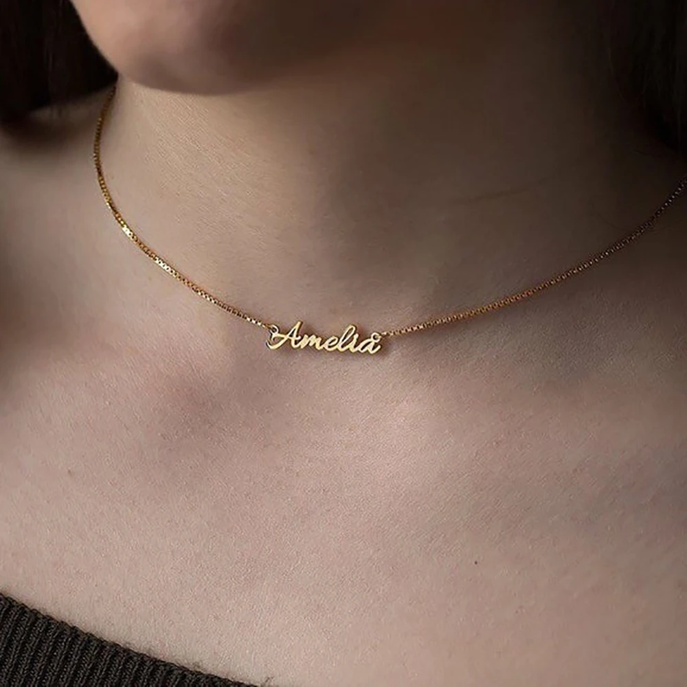 Jewelry Custom Necklace Dainty Personalized Thin Box Chain Custom Name Woman Necklace-Nameplate Necklace-Stainless Steel Gifts