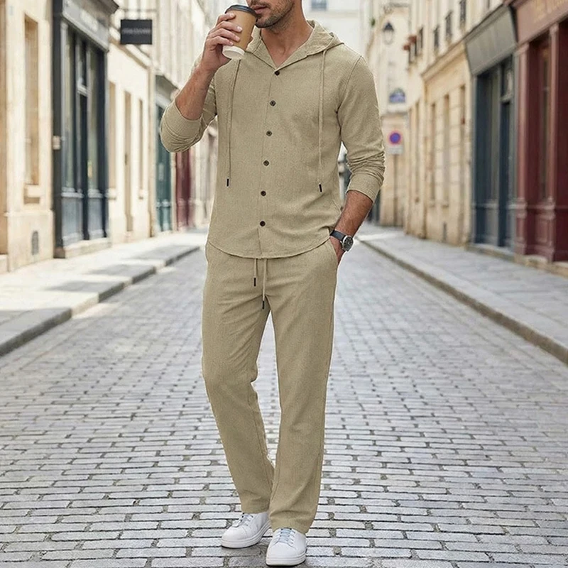 Stylish Mens Solid Color Two Piece Sets Linen Long Sleeve Button-up Hoodie Shirts And Pants Outfits Men 2026 Spring Casual Suits