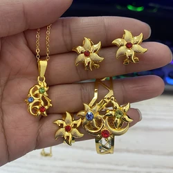 Kids Rings Earrings Sets French Star Necklace African Gold Color Stone Dubai Bangles for Baby Bridal Jewelry Girls Arabic