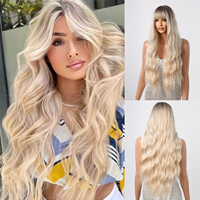 Blonde Ombre Synthetic Wigs for Women Long Wavy Wig with Bangs Blonde Wig with Dark Roots Heat Resistant Fiber Wigs for Daily