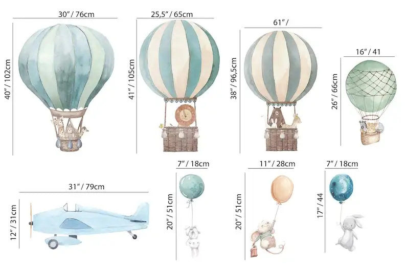 Hot Air Balloon Wall Decal for Kids, Nursery Wall Sticker, Removable Peel and Stick Wall Decal, Cute Animals Wall Decal