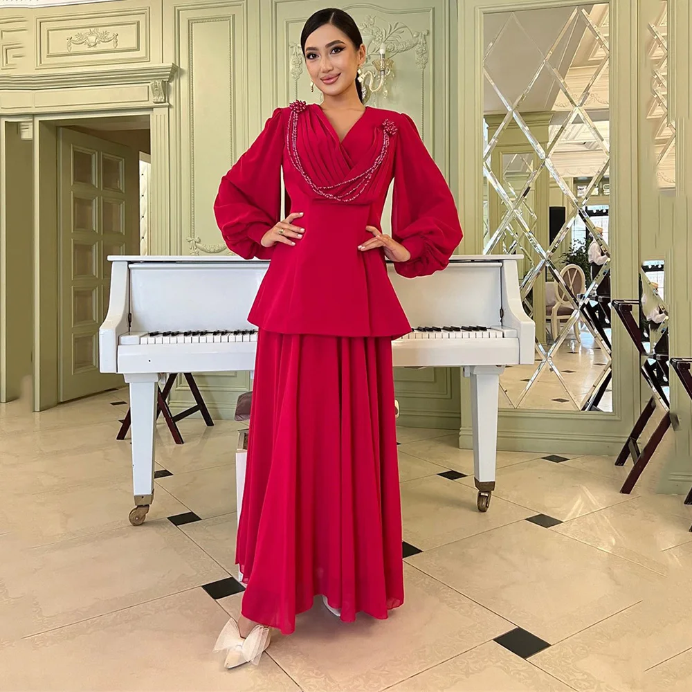 

Customized Long Sleeve Evening Dresses for Women V Neck A-line Floor-Length Beads Prom Gown Temperament فساتين السهرة 2023 جديده