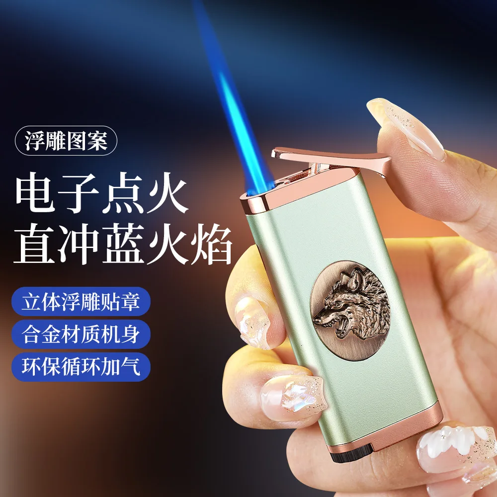 

New three-dimensional relief affixed high-value blue flame lighter windproof straight punch lighter