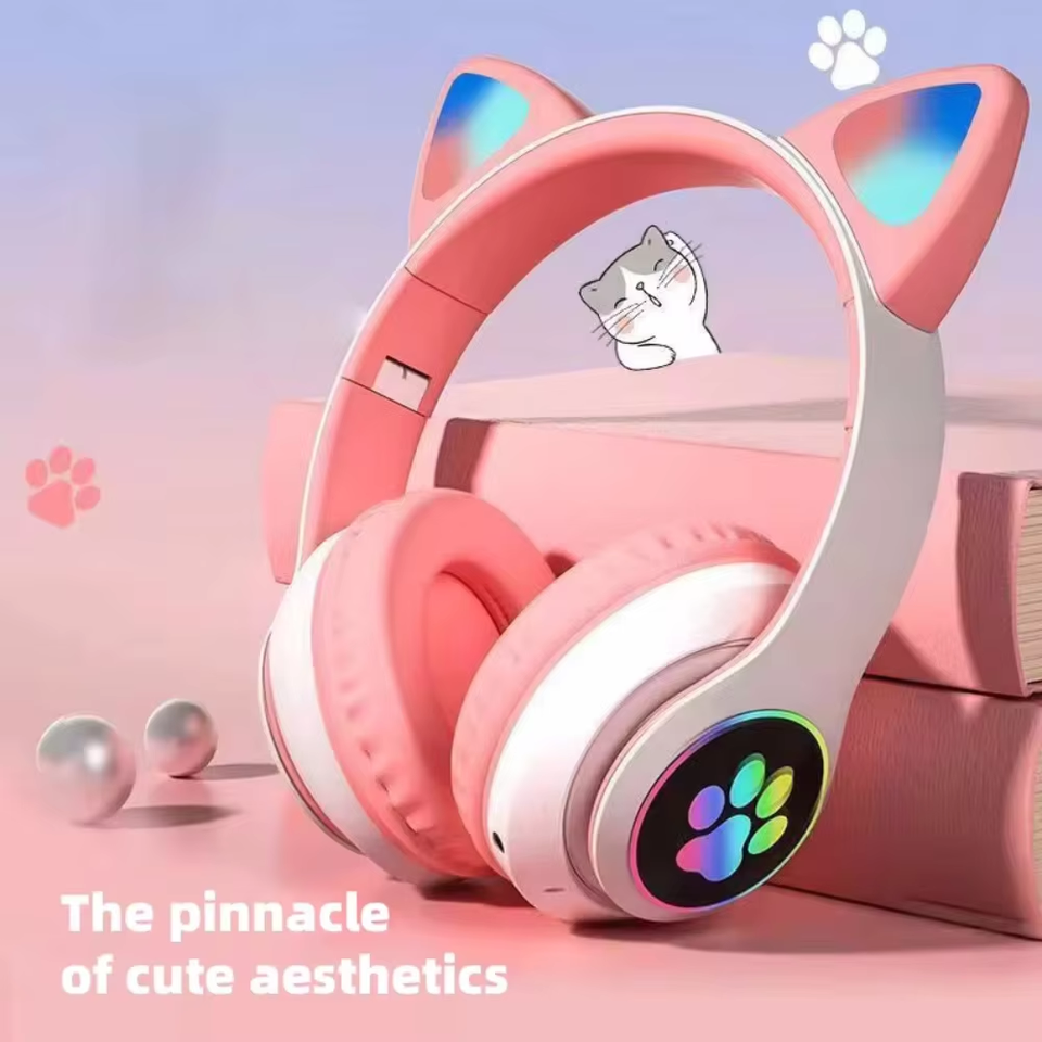  STN28 Cute Cat Ear Bluetooth Headset with LED Wireless Headset Children Girls Stereo Folding Sports Headset with Microphone 