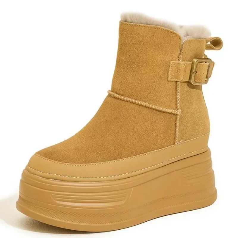 

9CM Suede Cow Genuine Leather Platform Wedge 2024 Winter Plush Women Boots Hidden Heels Spring Warm Ankle Booties Autumn Shoes
