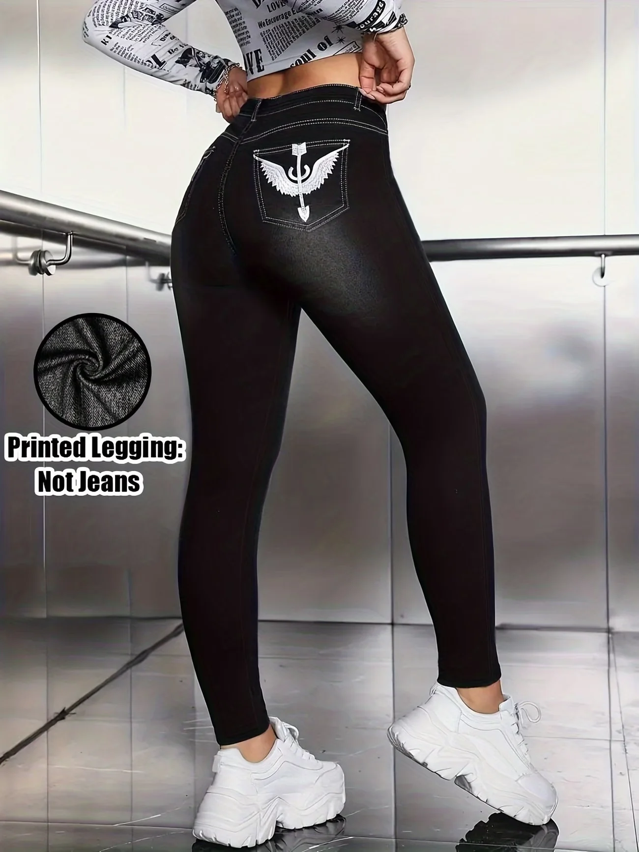 Printed Legging‑Not Denim Fabric All‑over Faux‑Denim Printed Long Pants with Faux Pocket and Button Print Details. New‑Arrival