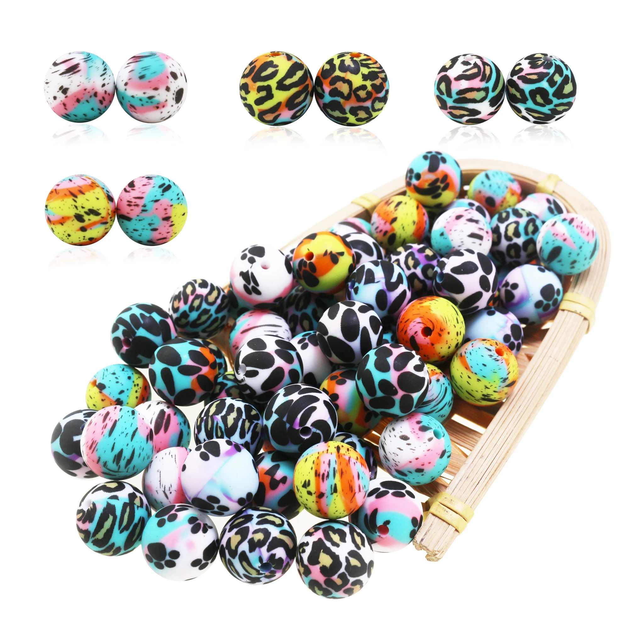 50-100pcs Rainbow Swirling Printing Silicone Beads 15MM Tie Dye Black Blood Cow Dot Pearl For Pacifier Chain Necklaces Jewelry