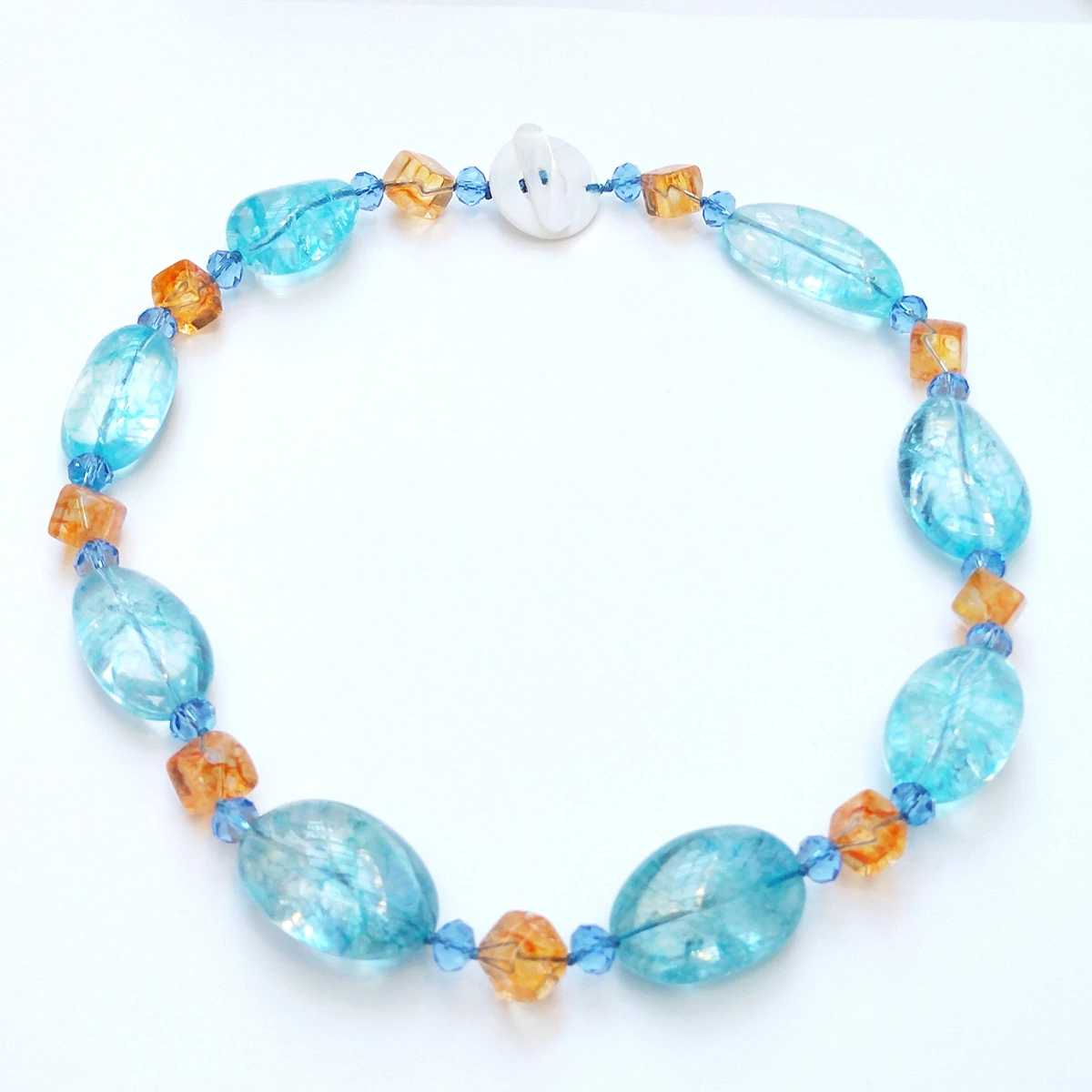 Lii Ji Real Stone Blue Crystal Quartz Orange Color Necklace 52cm Quartz Choker Women Jewelry Summer Necklace