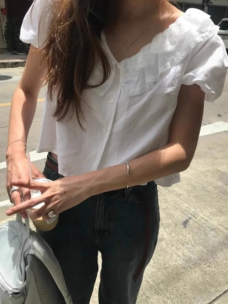 

Sweet Sle ort Sve Lace V-Ne Single Button Women's irt Commute Sle Loose Fit Pure Color Bubble Sve Button Door