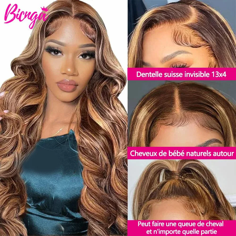 P4/27 Highlight Perücke Echthaar 13x4 Körperwelle Lace Front Perücken für Frauen Farbige Echthaarperücken Ombre Honigblonde Echthaarperücke