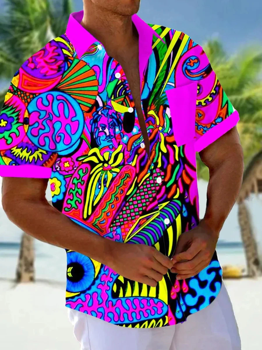 Summer Men's Short Sleeve Shirt Art Painting Abstract Cartoon Print Button Shirt Camping Shirt Short Sleeve Men's Casual Shirts
