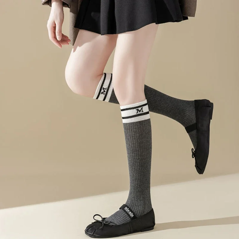 Letter Embroidery Stockings Women Girls Solid Color Long Socks Women Stockings College Style Knitting Cotton Knee Socks Stocking