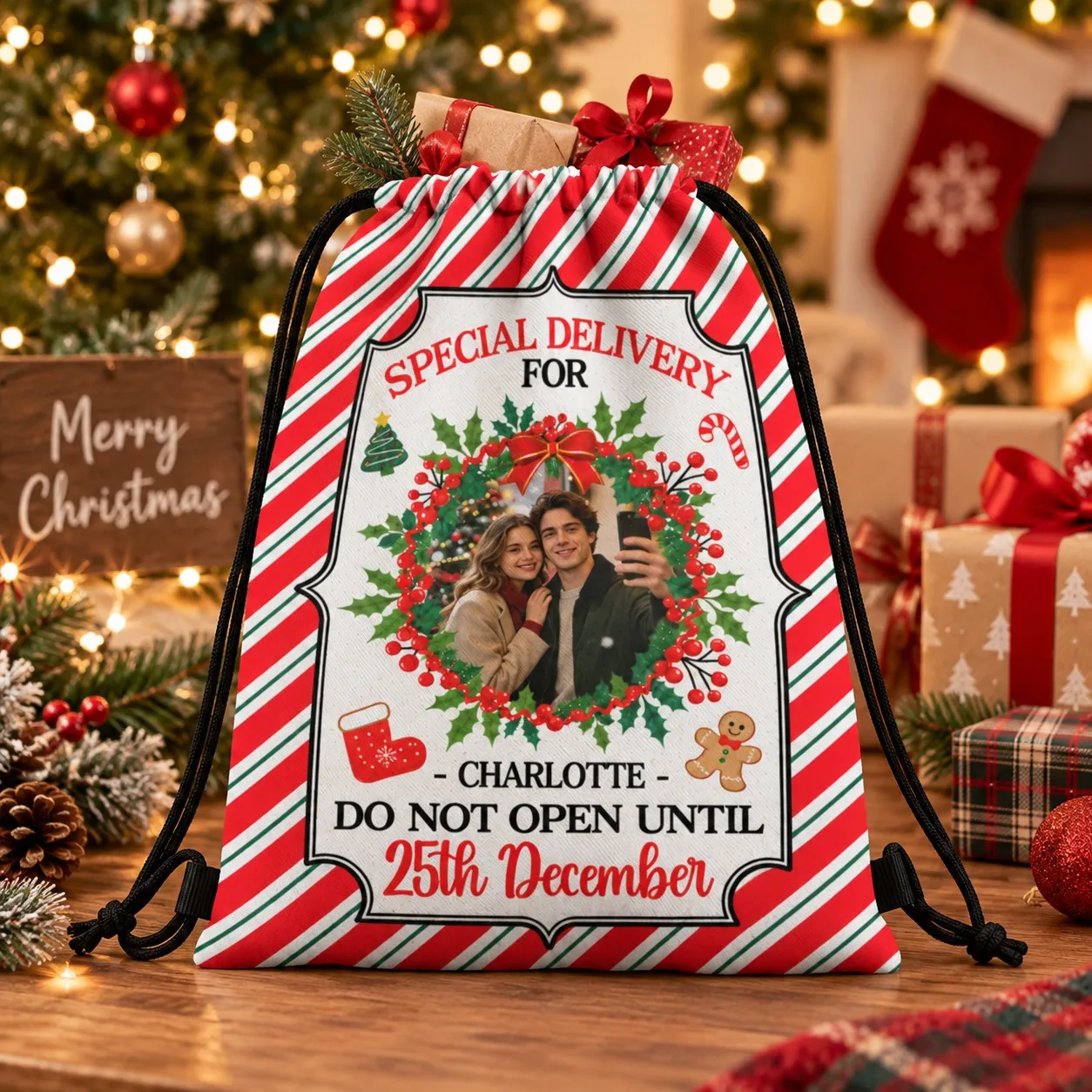 Custom Photo Christmas Drawstring Backpack Personalized Name Picture Xmas Gift Bag for Kids Family Holiday Party Travel Sack