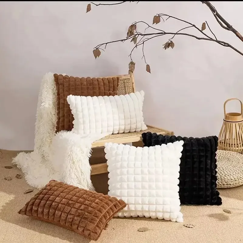 

1PCS Imitation Rabbit Plush Throw Pillow Case Living Room Sofa ThrowPillow Cushion Cover Office Solid Color Waist Pillow Bedroom