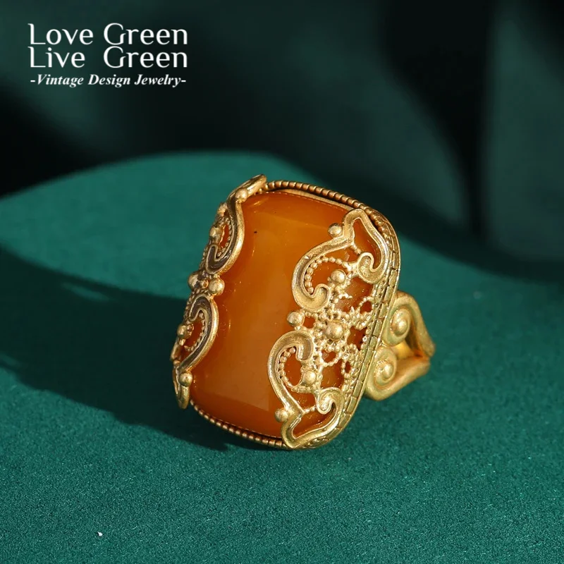 

Vintage Jewelry Gold Color Antique Flower Ring Adjustable Square Yellow Stone Woman Accessories Luxury Girls Fashion Trends 2025