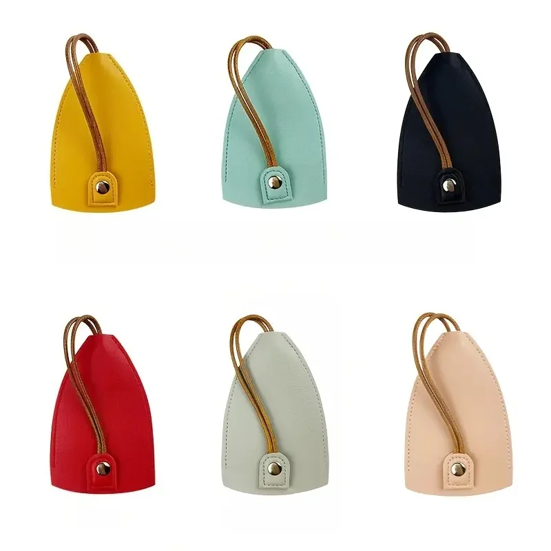 Drawstring Faux Leather Keychain Bag - Compact, Portable Key Organizer & Protector in 5 Vibrant Colors (Yellow, Blue, Red)