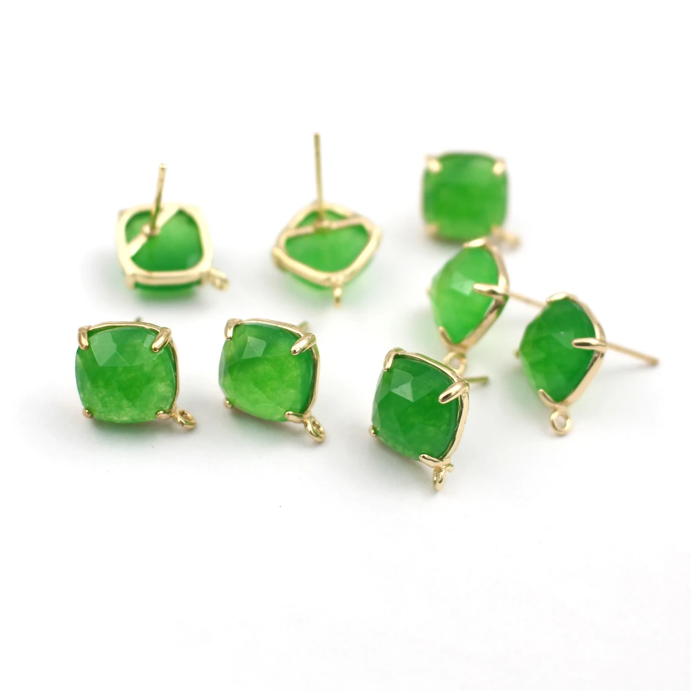 6pair Gold Plated Ear Posts Studs Colored Square Rose Quartz Black Blue Jade Stone Earrings with Open Loop Connector DIY