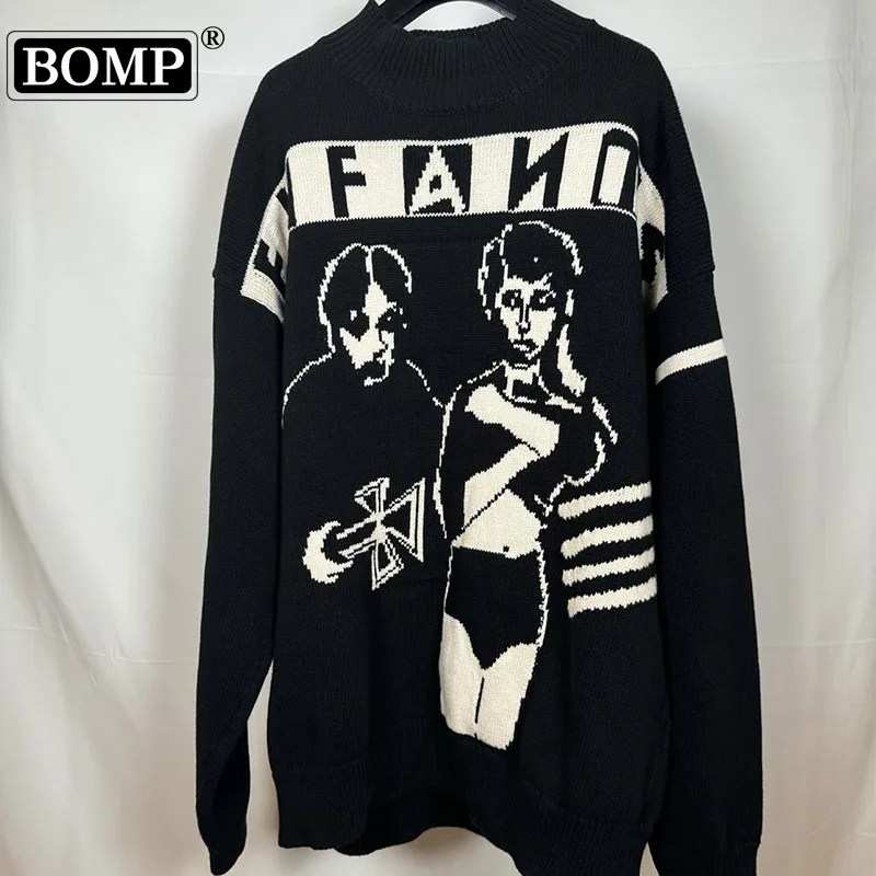 [BOMP] Wealthy Character Slogan Jacquard Round Neck Sweater Loose Men's Knitted New Fashion