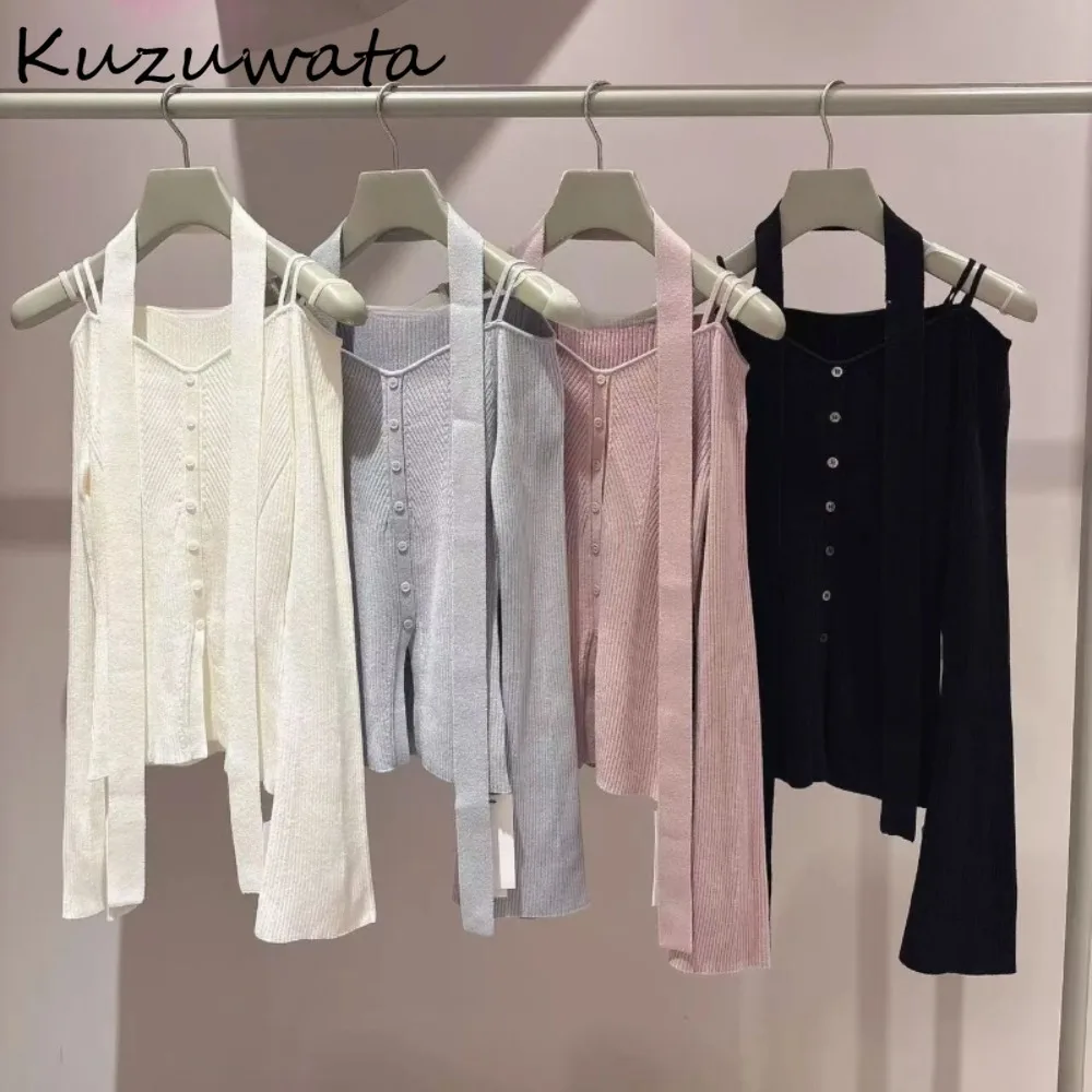 

Kuzuwata Halter Off Shoulder Slim Patchwork Cardigan Bow Lace Up Knit Long Sleeve Jumper Japan French All-match Gentle Sweaters