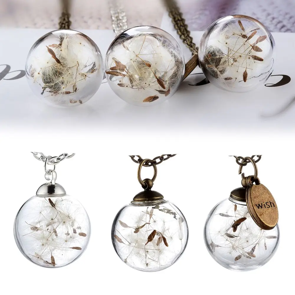 Hot Sale Dandelion Wishing Necklace Real Dandelion Clear Crystal Ball Pendant Necklace Transparent Ball Handmade Gift for Her