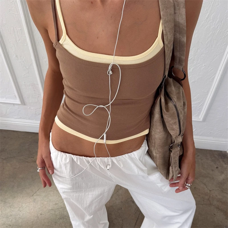 Women's Slim Fit Camisoles Spaghetti Strap Stylish Double Layer Cotton Tank Tops Charcoal and Light Blue Summer Crop Tops