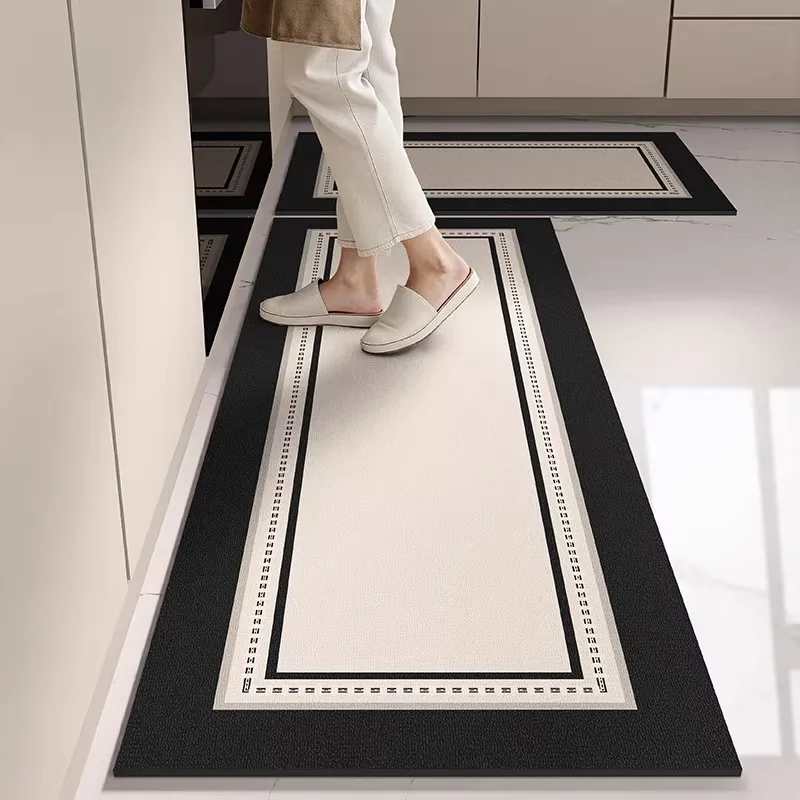 Pvc Kitchen Floor Mat Waterproof Non-slip Carpet Black White Frame Pattern Home Decor Long Rug Oil-proof Washable Scrub 주방 카펫