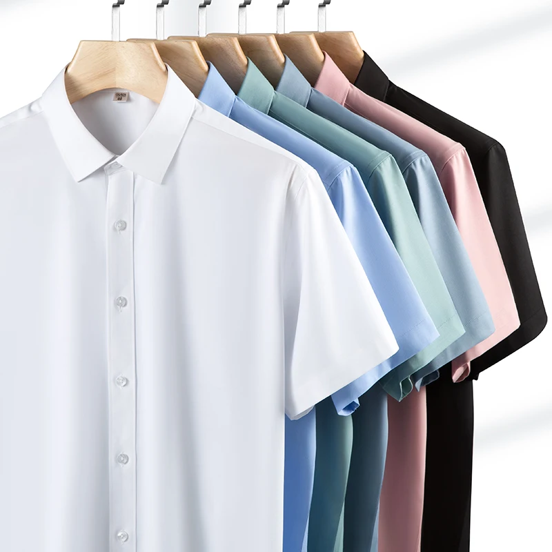 Quality Elasticity Anti-Wrinkle Men Shirt Short Sleeves Dress Shirts For Men Slim Fit Camisa Social Business Blouse White Shirt