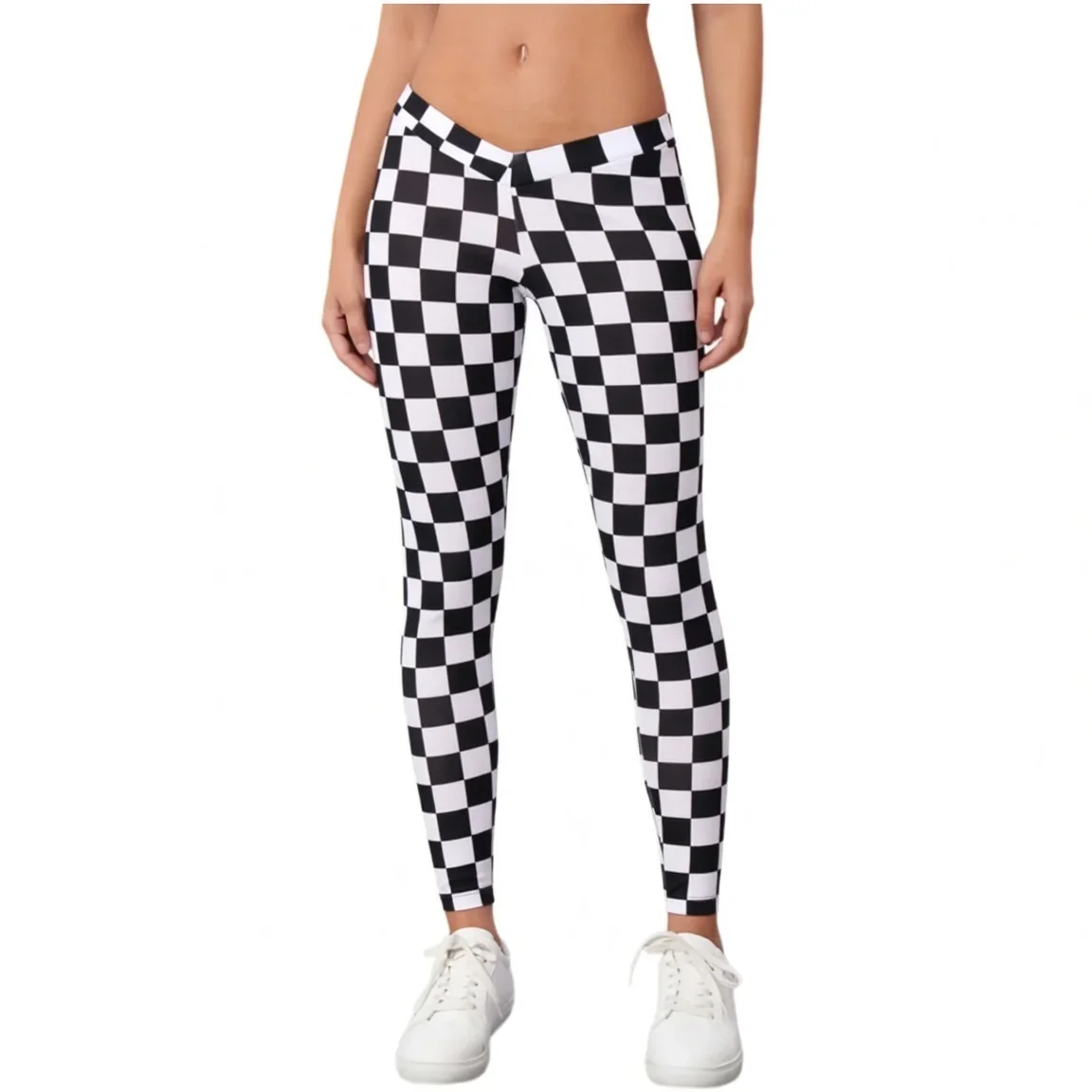 Womens Black White Checkered Print V Cross Waist High Waist Stretch Yoga Leggings Tummy Control Soft Workout Running Gym Pants