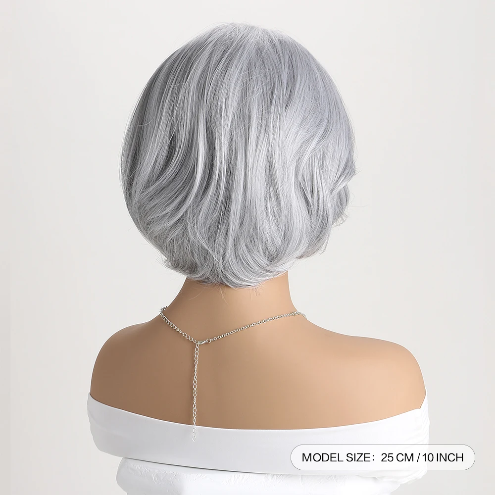 Short Natural Wigs with Bangs Soft Mommy Hair Daily Use Short Grey Ombre Curly Synthetic Hair Costume Party Wig for Women