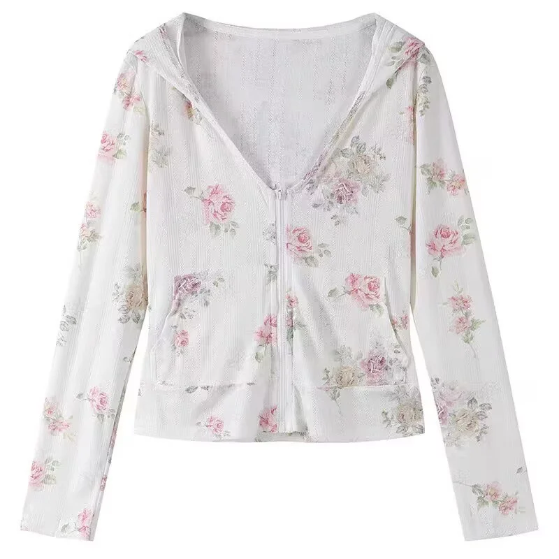 New Fashion Print Loose Thin Long Sleeve Hooded Cardigan Coat Unique Beautiful Giant Coat Zipper Sunscreen Short Ladies Coat