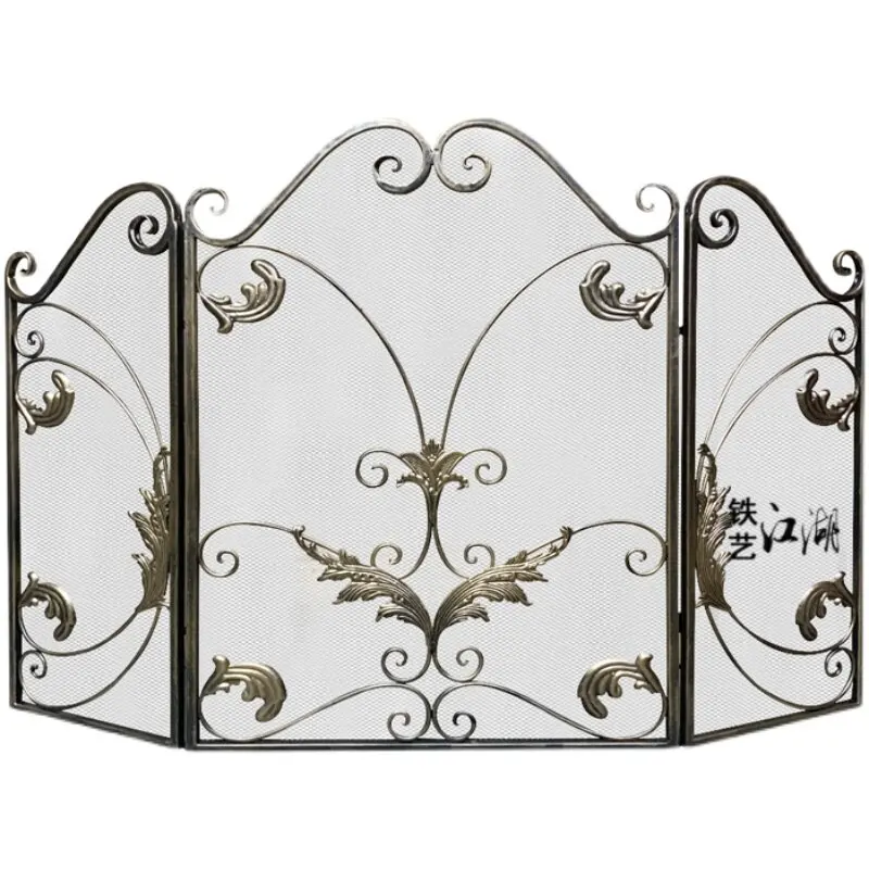 European three-fold wrought iron old fireplace partition screen new floor home heater fence with net fireproof