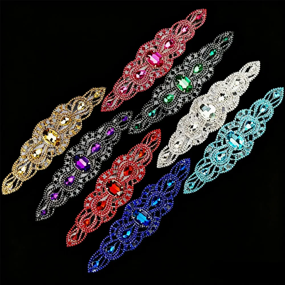 

CUIER 1 Piece Crystal Rhinestone Patch Large Crystal Gem Long Welded Applique Sewing Kit Dress Accessory for Wedding YH-5075