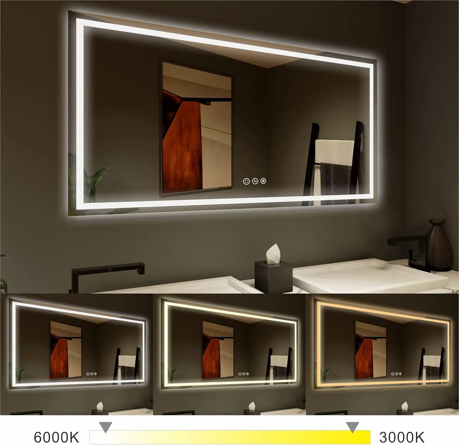 Espejo LED de 72 "x 30" para baño, espejos iluminados súper delgados de alto brillo con 3 colores, antivaho, atenuador y interruptor táctil