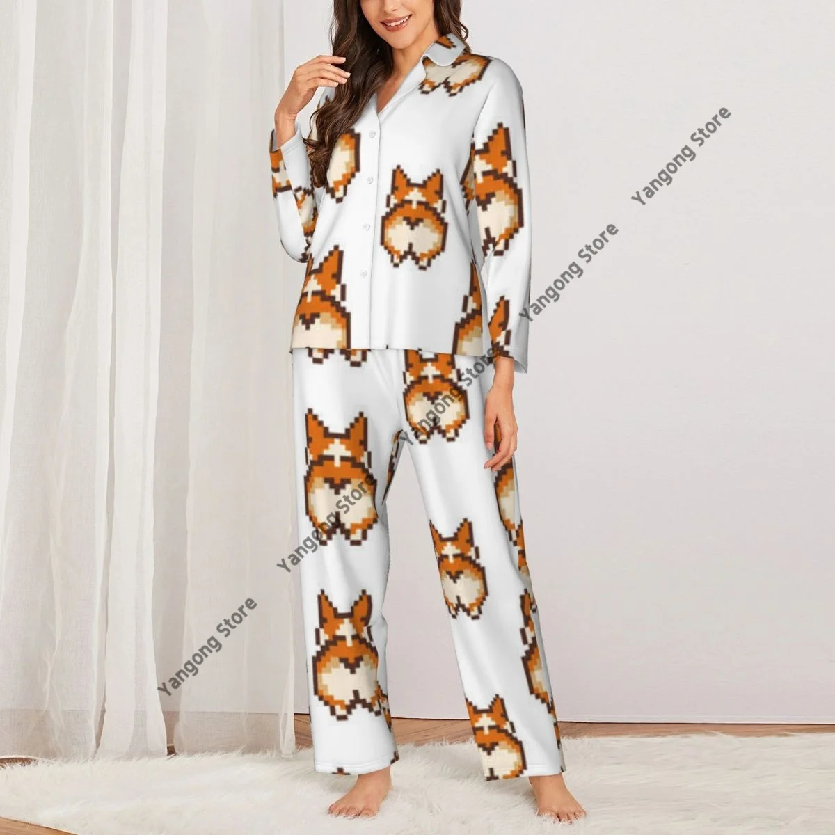 Cute Brown Corgi Dog Womens Pajamas Loungewear Two-piece Sleepwear Button-Down Full Sleeve Long Pajamas Set