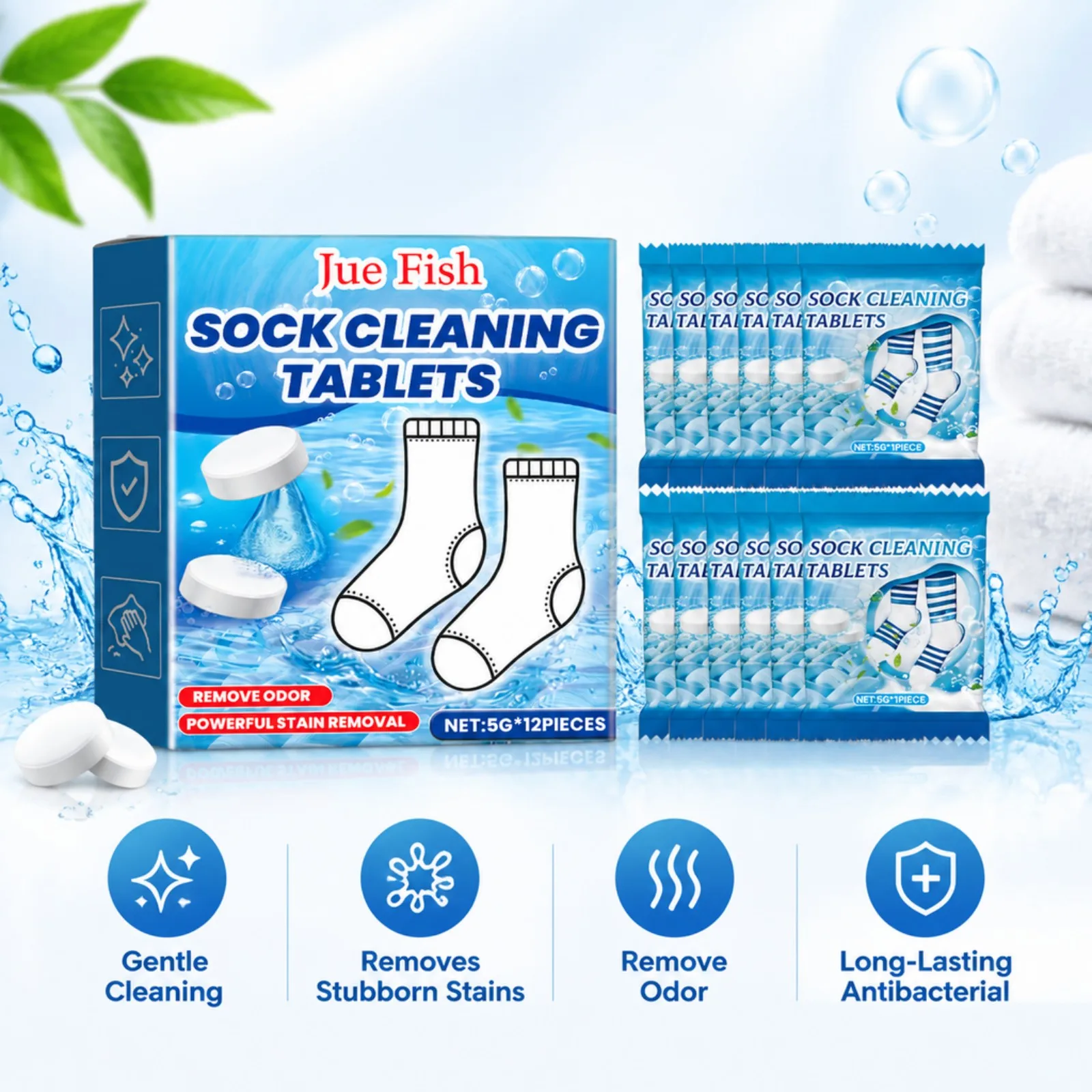 Sock Cleaning Tablets 12PCS Effervescent Deep Clean Remove Stubborn Dirt Odor Gentle for White Socks Laundry Cleaning Tablets