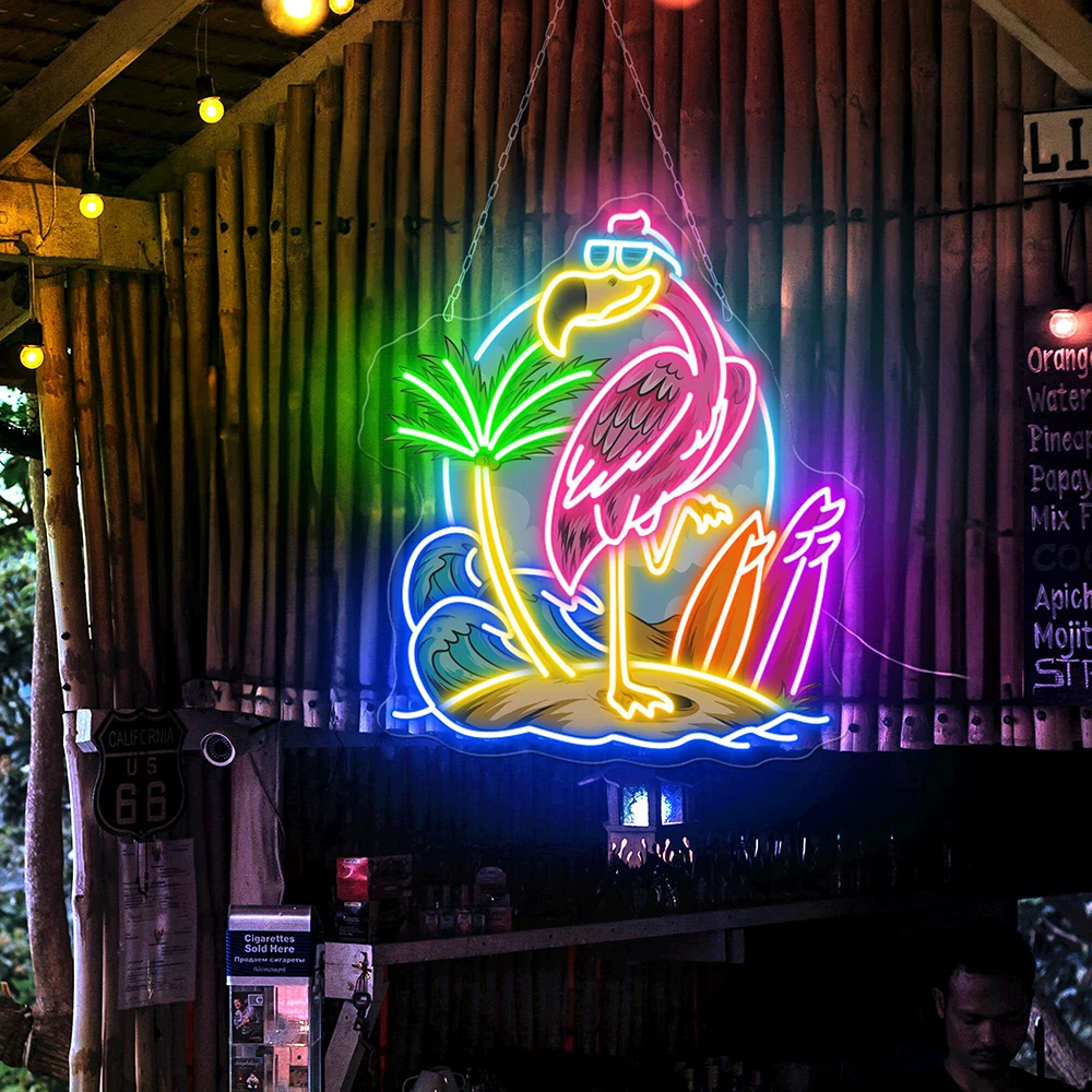 Flamingo Neon Sign Flamingo Surfing Light Hello Summer Sign Beach House Neon Pool Bar Decor Palm Tree Sign Tropical Flamingo LED