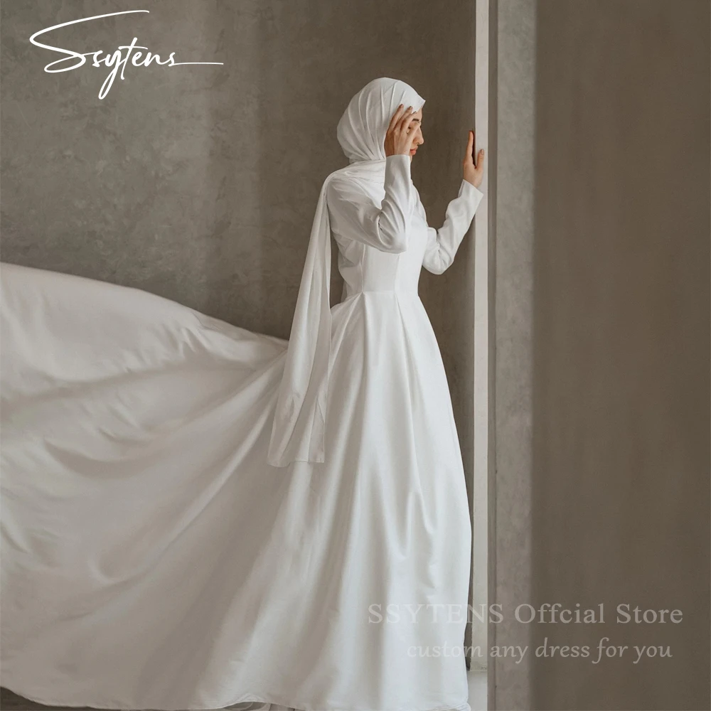 

SSYTENS Elegant Arabic Wedding Dresses Long Sleeves Muslim Simple White Ivory Customized Beach Bridal Gowns Vestidos De Novia