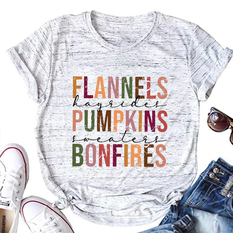 Pumpkins Bonfires Shirt Fall Tee Pumpkin Spice Tshirts Women Cute Fall Women Clothing Autumn Top Fall Letter Clothes