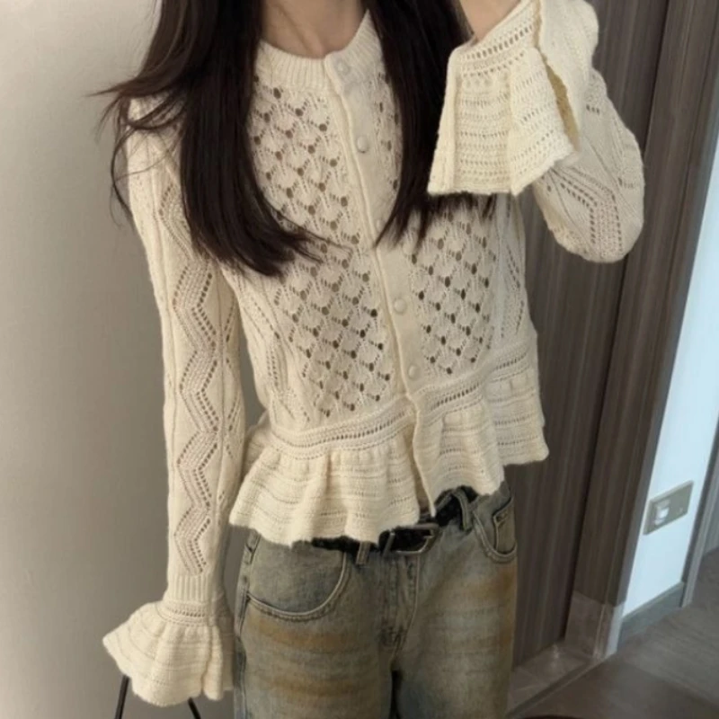 Crochet Age Reduction Hollow Out Knit Cardigan New Western Style All-match Loose Jumper Slim Fungus Exquisite Moda Mujer