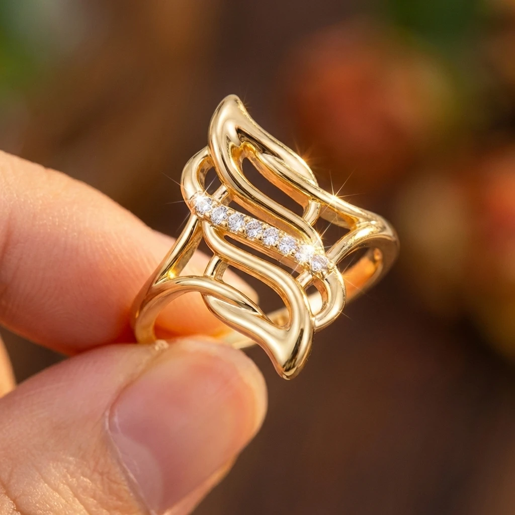 Eleganter geschwungener Ring für Damen aus Messing mit Zirkonia, durchbrochenes Schild-Design, langer Fingerring, Cocktail-Schmuck, raffinierter Abschlussball-Schmuck – Detail 6