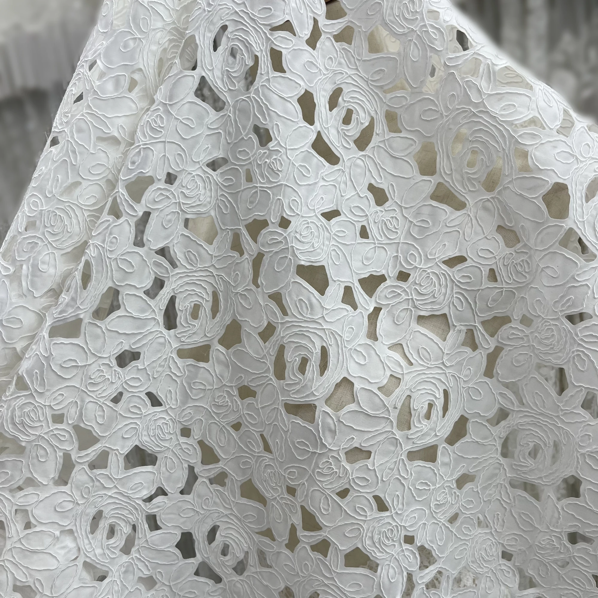 Simple Cut-Out Design  Satin Lace Embroidery  Wedding Dress Design Fabric, Designer Clothing Fabric